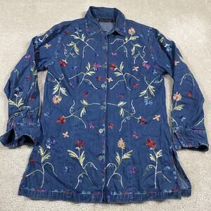 VTG New Direction Shirt Womens L Blue Denim Embroidered Floral Chainstitch